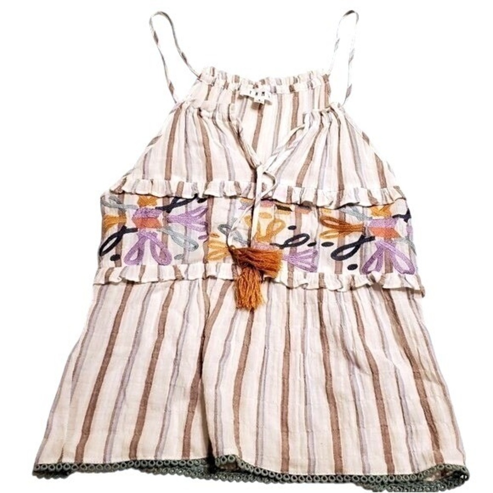 THML Tank Top Multi Color Striped Embroidered Boho Tassel Sleeveless Small